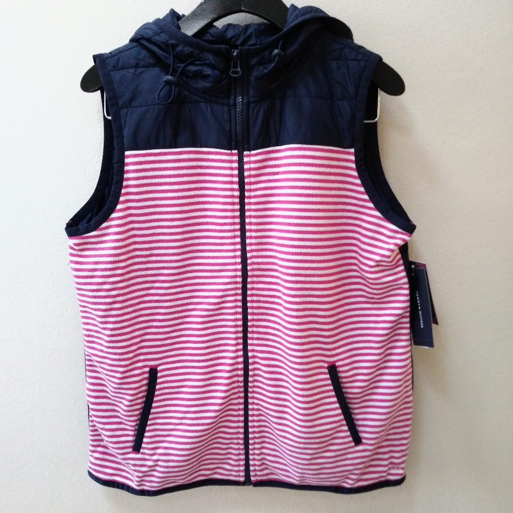 Tommy Hilfiger Womens Hooded Striped Packable Vest